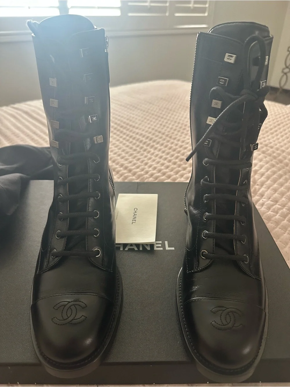CHANEL Black Leather Lace-Up CC Combat Boots with Logo Toe